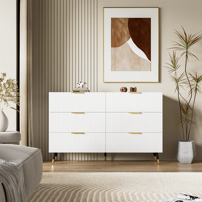 Buffet élégant blanc 6 tiroirs, poignées et pointe de pieds dorés 120*40*77cm COQREOD WHITE