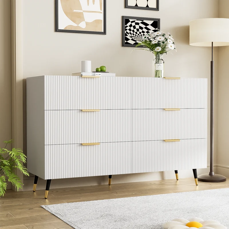 Buffet élégant blanc 6 tiroirs, poignées et pointe de pieds dorés 120*40*77cm COQREOD WHITE