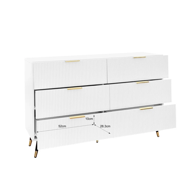 Buffet élégant blanc 6 tiroirs, poignées et pointe de pieds dorés 120*40*77cm COQREOD WHITE