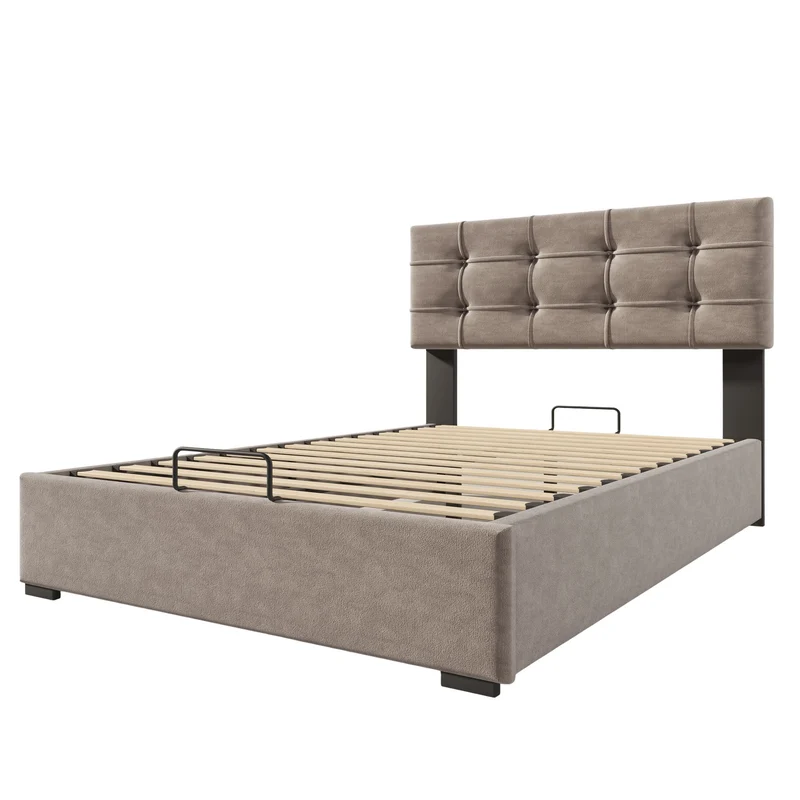 Lit coffre double tête de lit réglable, velours gris avec espace de rangement TEGZA