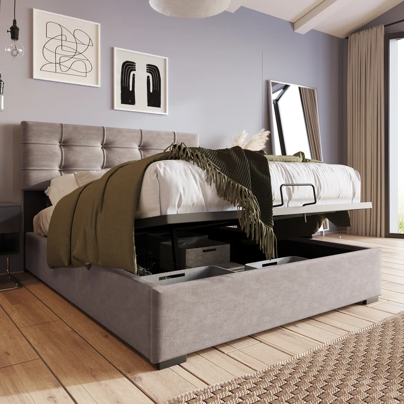Lit coffre double tête de lit réglable, velours gris avec espace de rangement TEGZA
