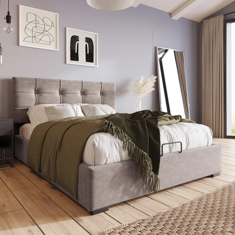 Lit coffre double tête de lit réglable, velours gris avec espace de rangement TEGZA