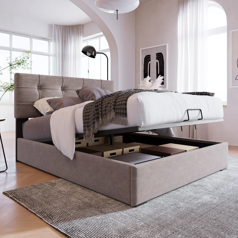 Lit coffre double tête de lit réglable, velours gris avec espace de rangement TEGZA