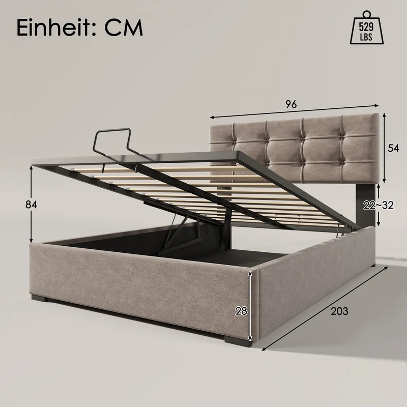 Lit coffre double tête de lit réglable, velours gris avec espace de rangement TEGZA