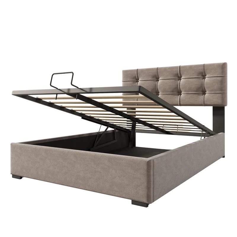 Lit coffre double tête de lit réglable, velours gris avec espace de rangement TEGZA