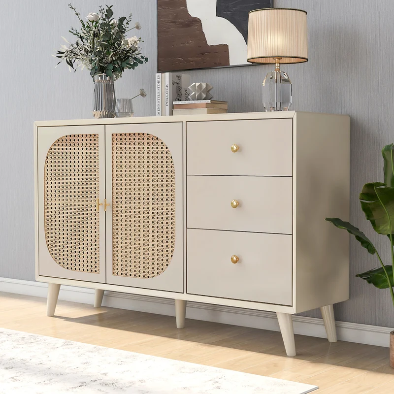 Buffet effet bois clair avec portes et tiroirs, poignées dorées 120*40*82cm GHUXEOTS