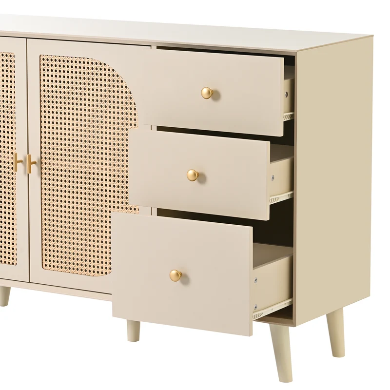 Buffet effet bois clair avec portes et tiroirs, poignées dorées 120*40*82cm GHUXEOTS