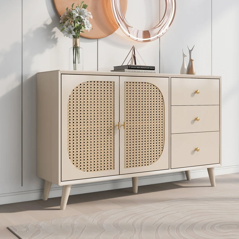 Buffet effet bois clair avec portes et tiroirs, poignées dorées 120*40*82cm GHUXEOTS