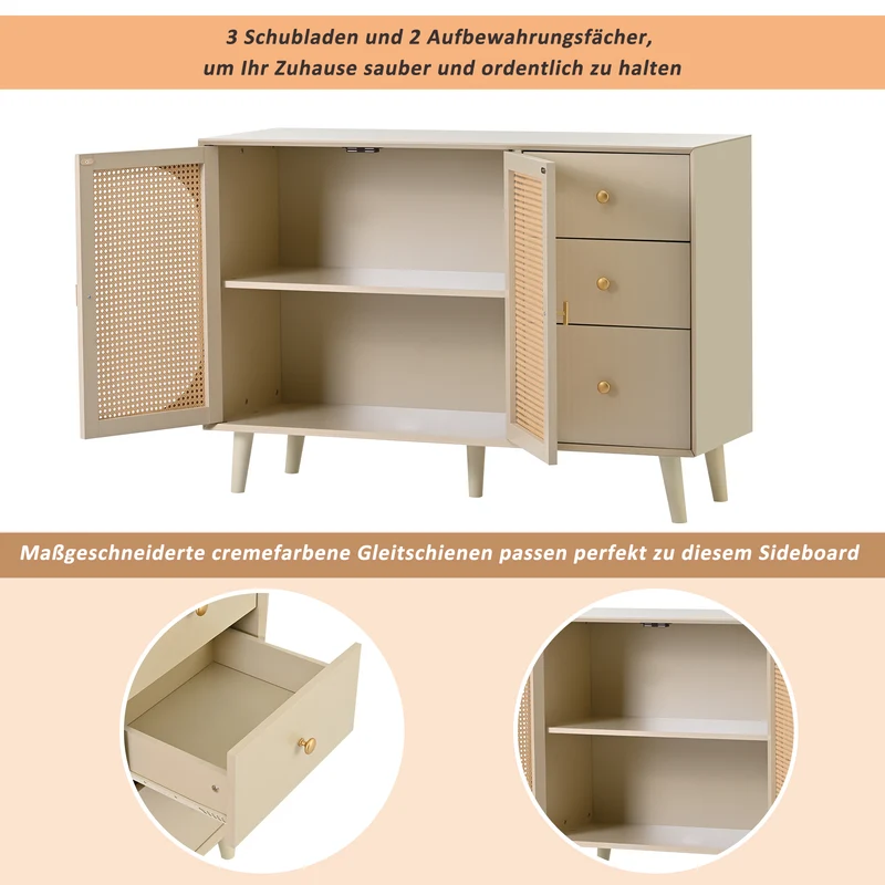 Buffet effet bois clair avec portes et tiroirs, poignées dorées 120*40*82cm GHUXEOTS