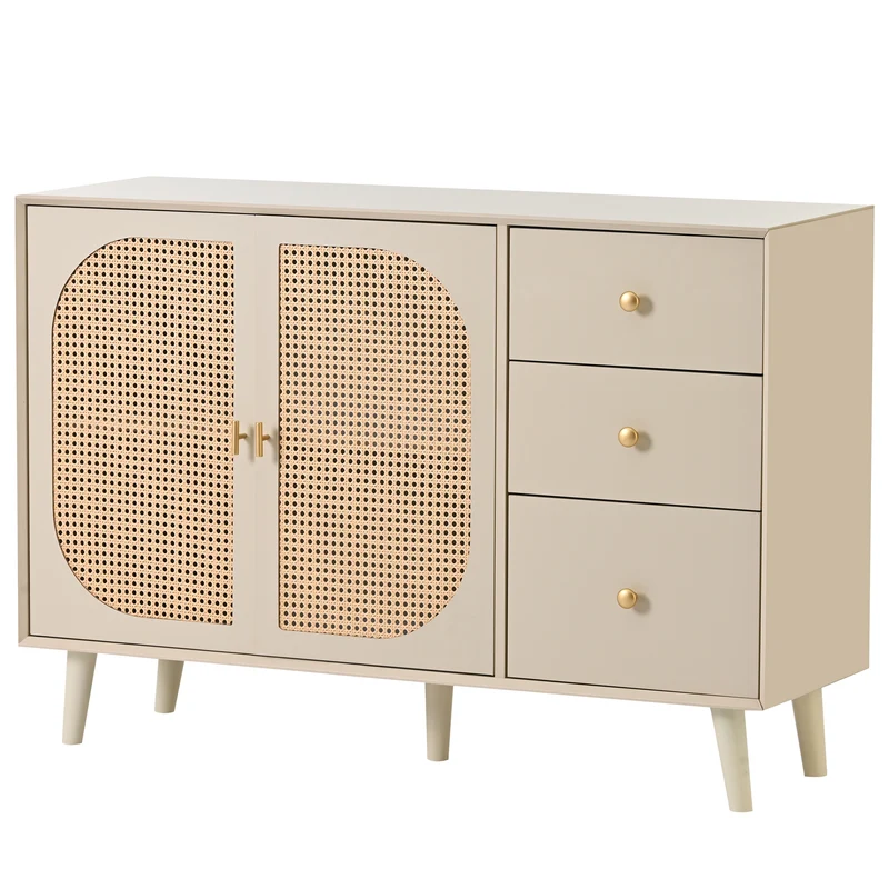 Buffet effet bois clair avec portes et tiroirs, poignées dorées 120*40*82cm GHUXEOTS