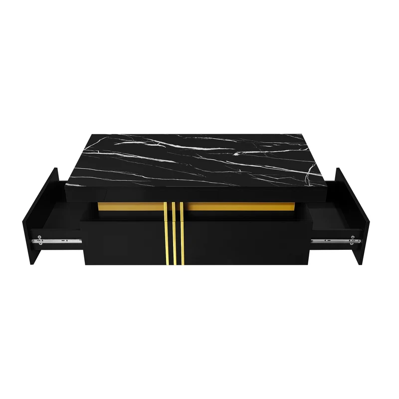 Table basse rectangulaire effet marbre noir brillant avec 2 tiroirs 100*50*40 cm GEVREITS BLACK