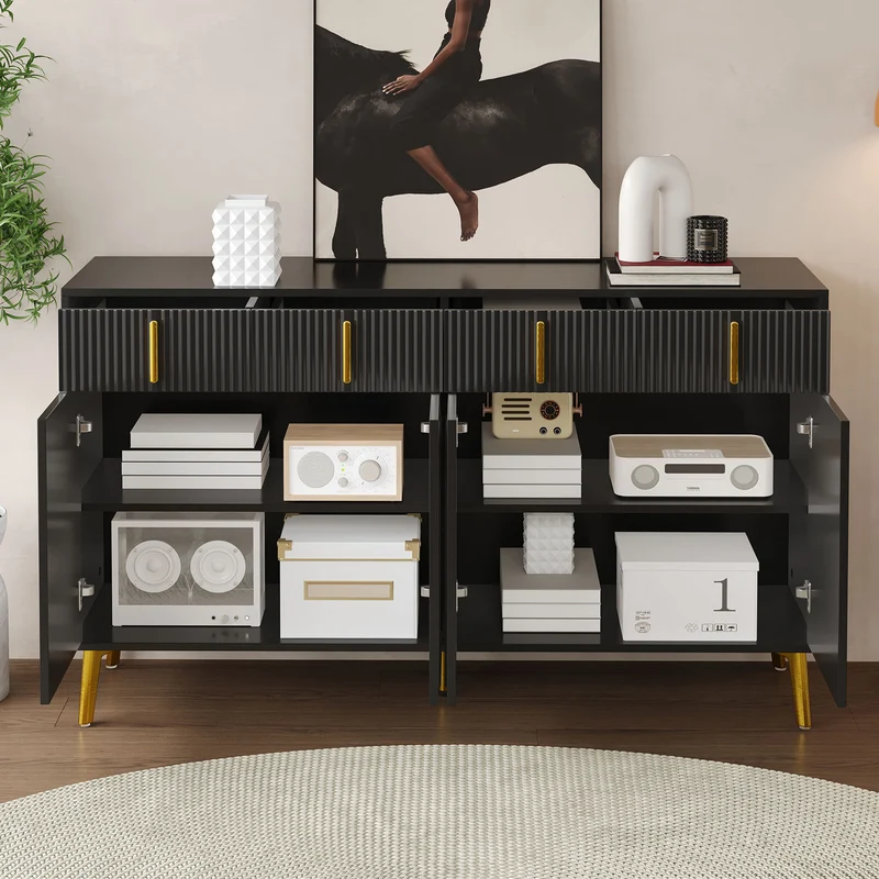 Buffet noir 4 portes 4 tiroirs avec poignées et pieds dorés 140*37,8*82cm CHADDANS