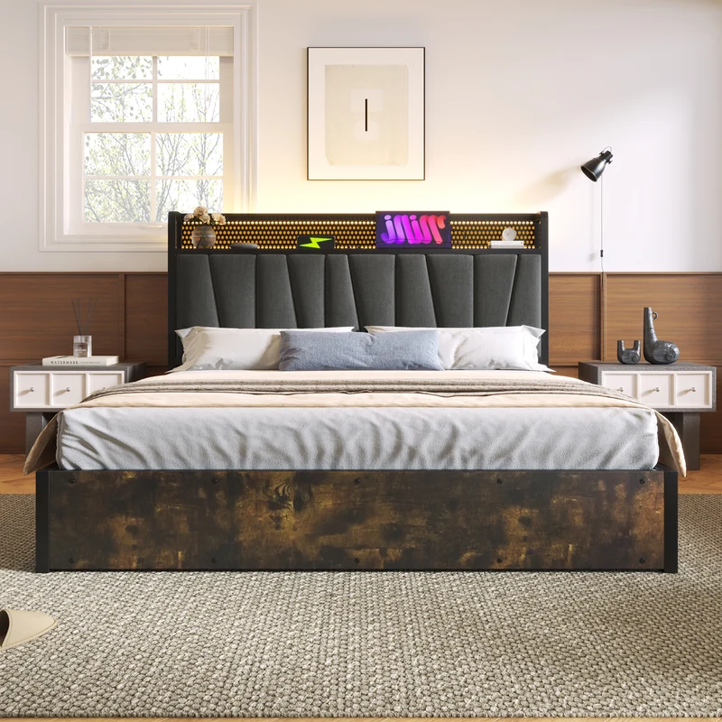 Lit coffre lit double tissu gris avec éclairage LED et prise USB, rangement effet bois (sans matelas) 140x200cm CRON