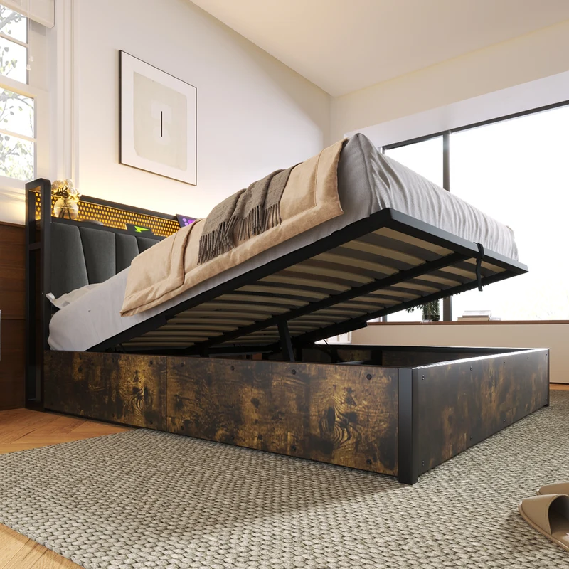 Lit coffre lit double tissu gris avec éclairage LED et prise USB, rangement effet bois (sans matelas) 140x200cm CRON