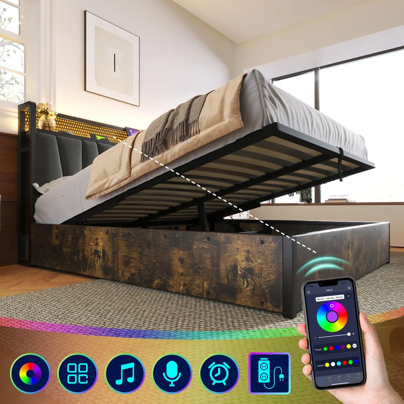 Lit coffre lit double tissu gris avec éclairage LED et prise USB, rangement effet bois (sans matelas) 140x200cm CRON