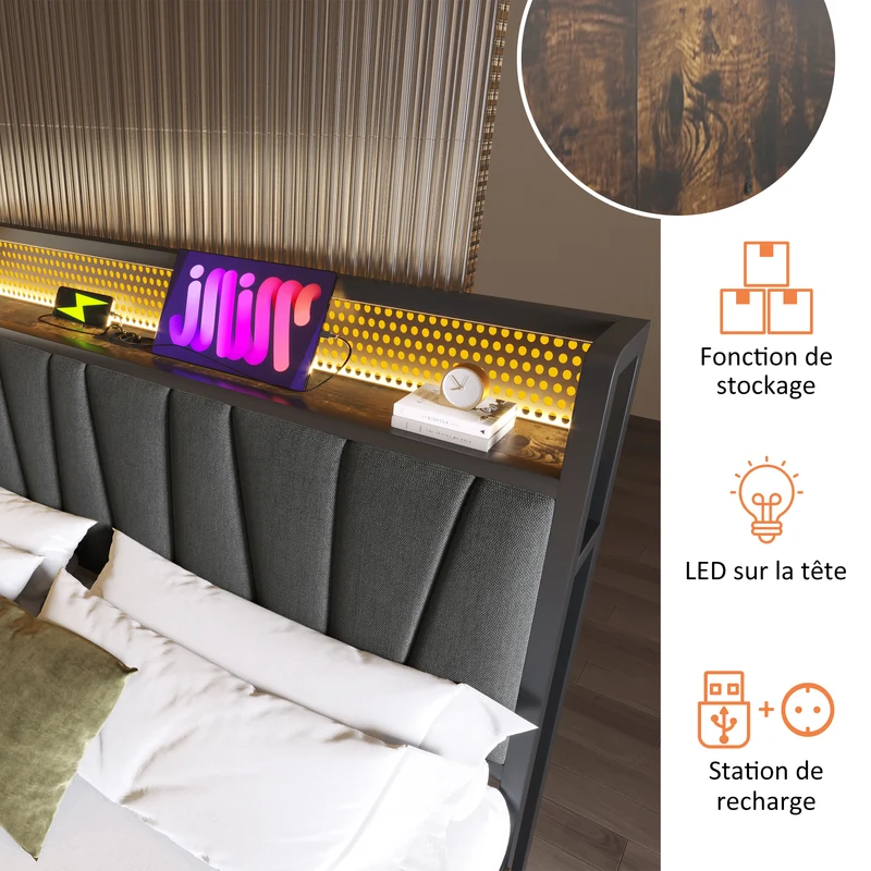 Lit coffre lit double tissu gris avec éclairage LED et prise USB, rangement effet bois (sans matelas) 140x200cm CRON