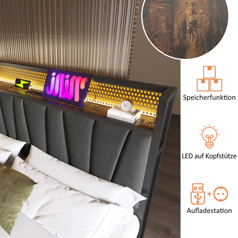 Lit coffre lit double tissu gris avec éclairage LED et prise USB, rangement effet bois (sans matelas) 140x200cm CRON
