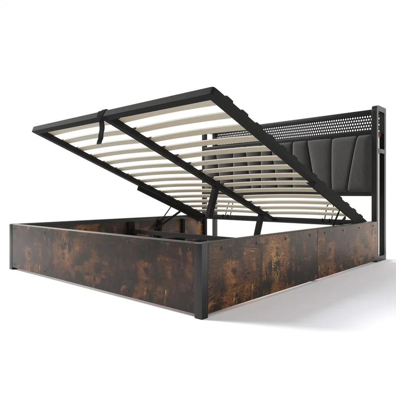 Lit coffre lit double tissu gris avec éclairage LED et prise USB, rangement effet bois (sans matelas) 140x200cm CRON