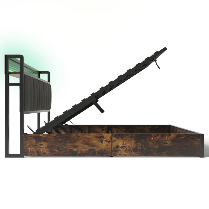 Lit coffre lit double tissu gris avec éclairage LED et prise USB, rangement effet bois (sans matelas) 140x200cm CRON