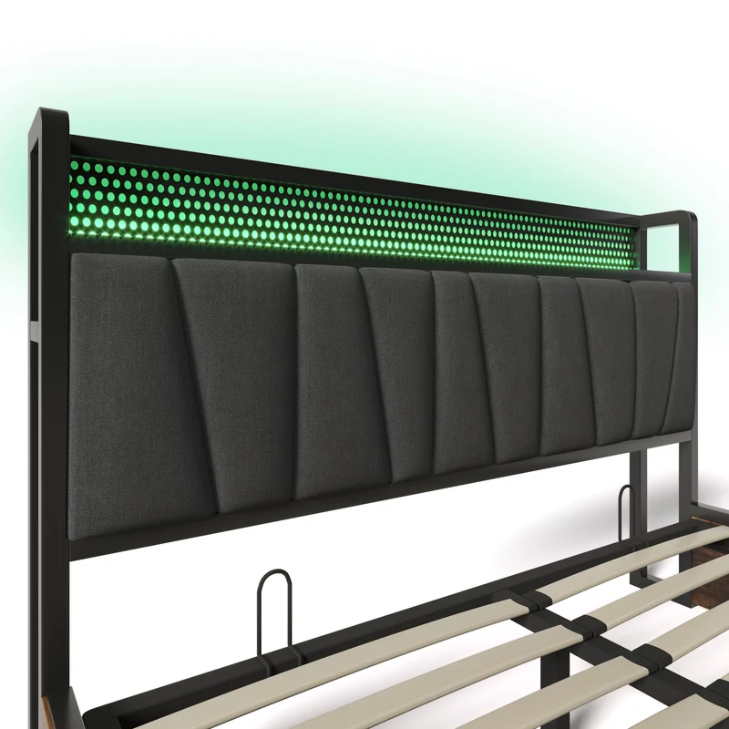 Lit coffre lit double tissu gris avec éclairage LED et prise USB, rangement effet bois (sans matelas) 140x200cm CRON
