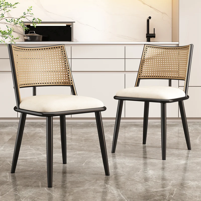 Lot de 2 chaises de salle à manger élégant en PU blanc dossier en rotin et pieds noirs BHIHNOL