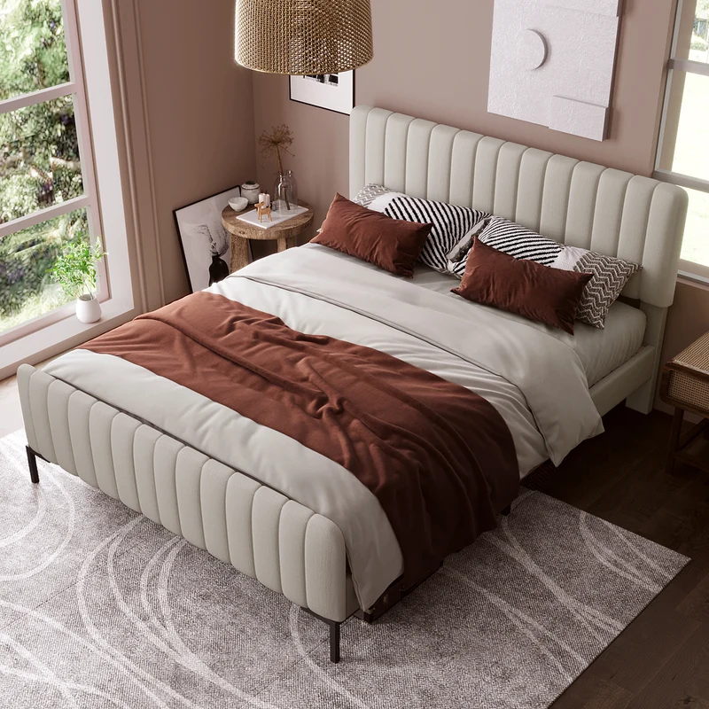 Lit rembourré en lin gris-beige cadre lit double King 160x200cm EGMOID KING