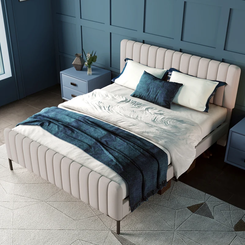 Lit rembourré en lin gris-beige cadre lit double King 160x200cm EGMOID KING