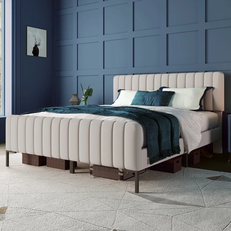 Lit rembourré en lin gris-beige cadre lit double King 160x200cm EGMOID KING