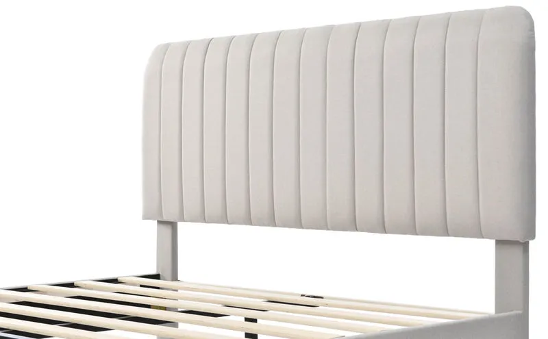 Lit rembourré en lin gris-beige cadre lit double King 160x200cm EGMOID KING