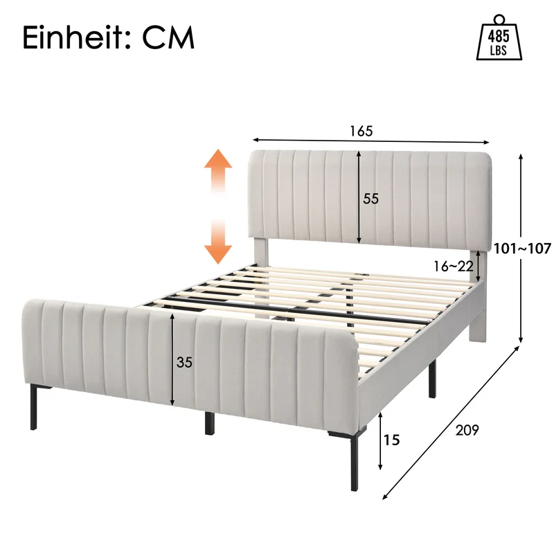 Lit rembourré en lin gris-beige cadre lit double King 160x200cm EGMOID KING