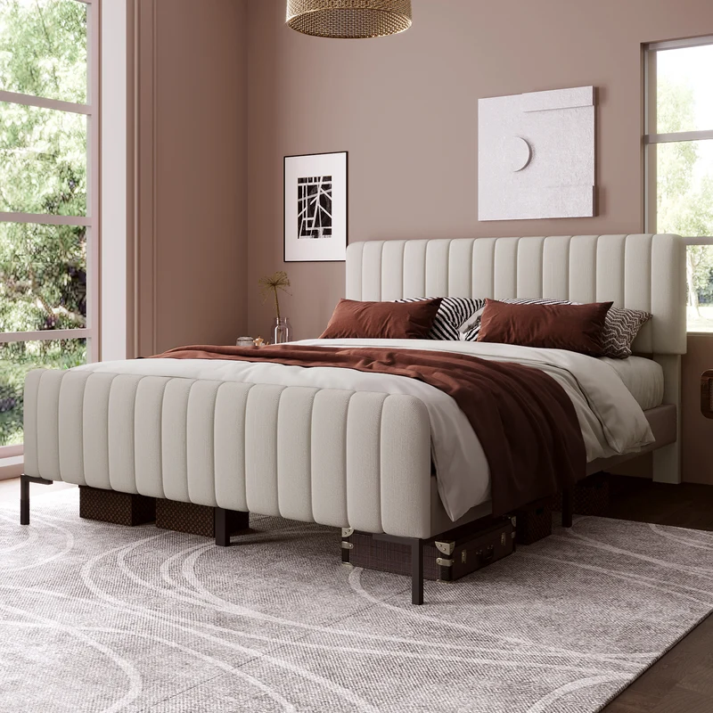 Lit rembourré en lin gris-beige cadre lit double King 140x200cm EGMOID QUEEN
