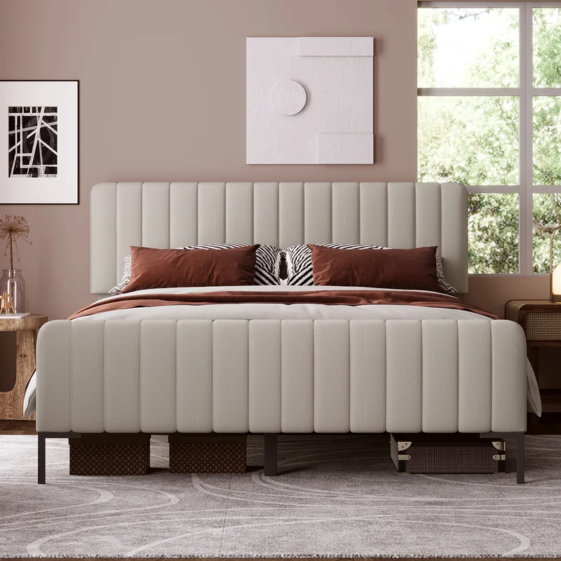 Lit rembourré en lin gris-beige cadre lit double King 140x200cm EGMOID QUEEN