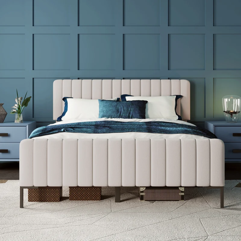 Lit rembourré en lin gris-beige cadre lit double King 140x200cm EGMOID QUEEN