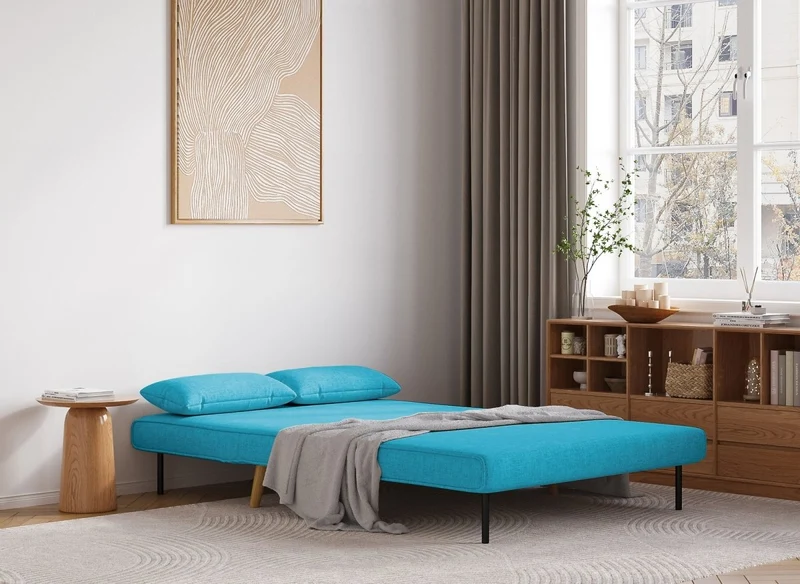 Canapé clic clac 2 places en tissu bleu turquoise TONKA