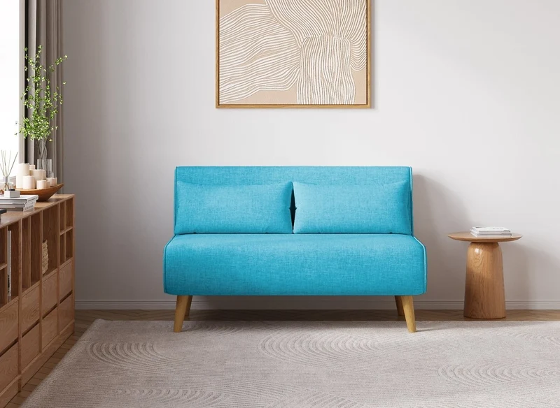 Canapé clic clac 2 places en tissu bleu turquoise TONKA