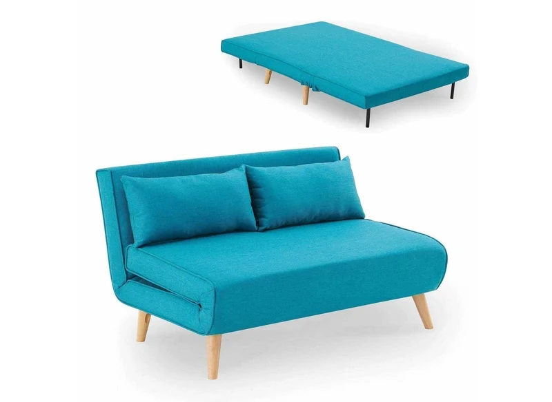 Canapé clic clac 2 places en tissu bleu turquoise TONKA