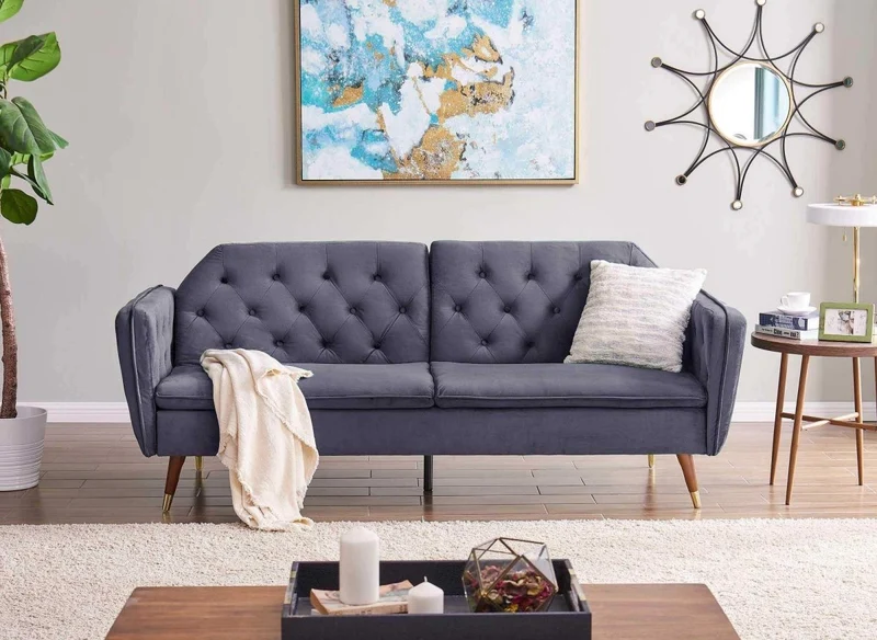 Canapé clic-clac convertible 3 places en tissu velours gris ARIANE