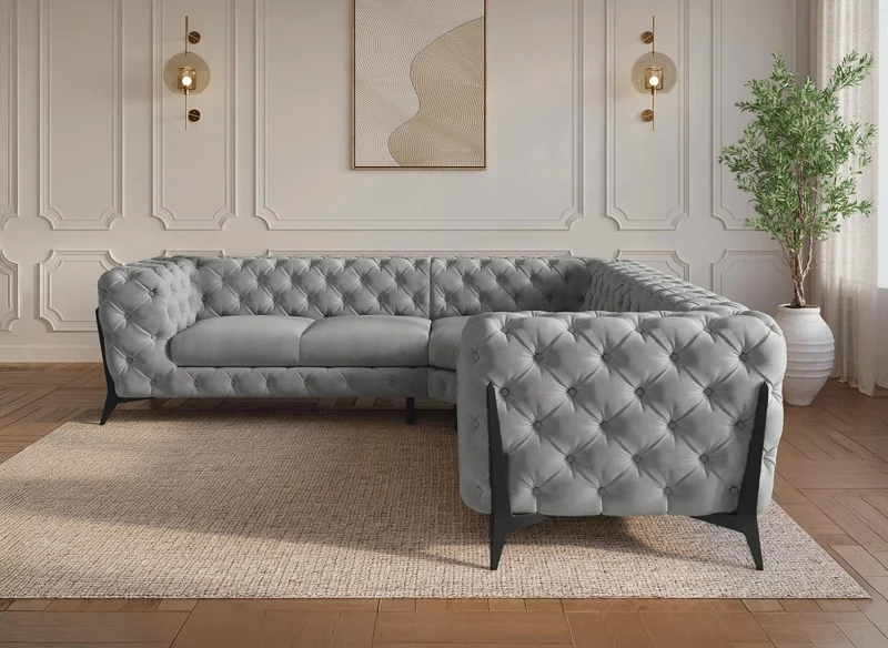Canapé d'angle fixe capitonné chesterfield velours gris CARMEN