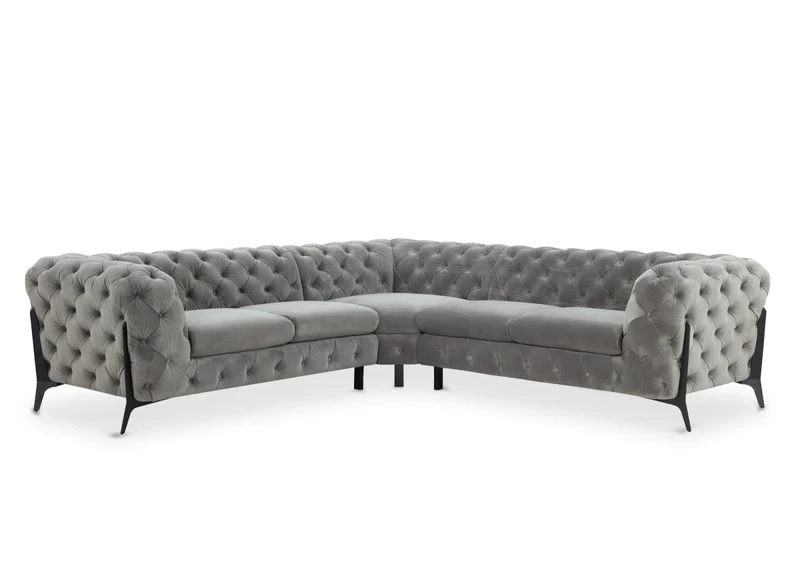 Canapé d'angle fixe capitonné chesterfield velours gris CARMEN