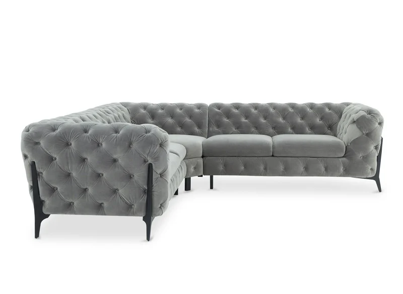 Canapé d'angle fixe capitonné chesterfield velours gris CARMEN