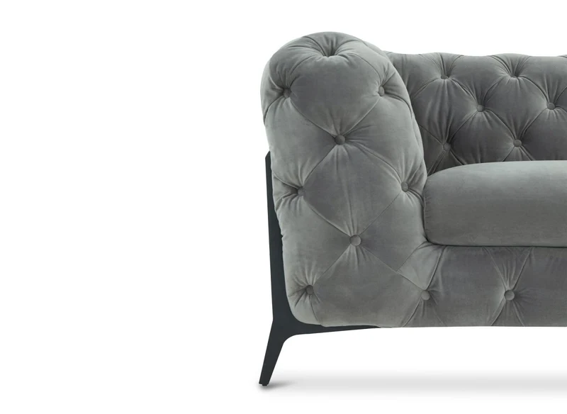 Canapé d'angle fixe capitonné chesterfield velours gris CARMEN
