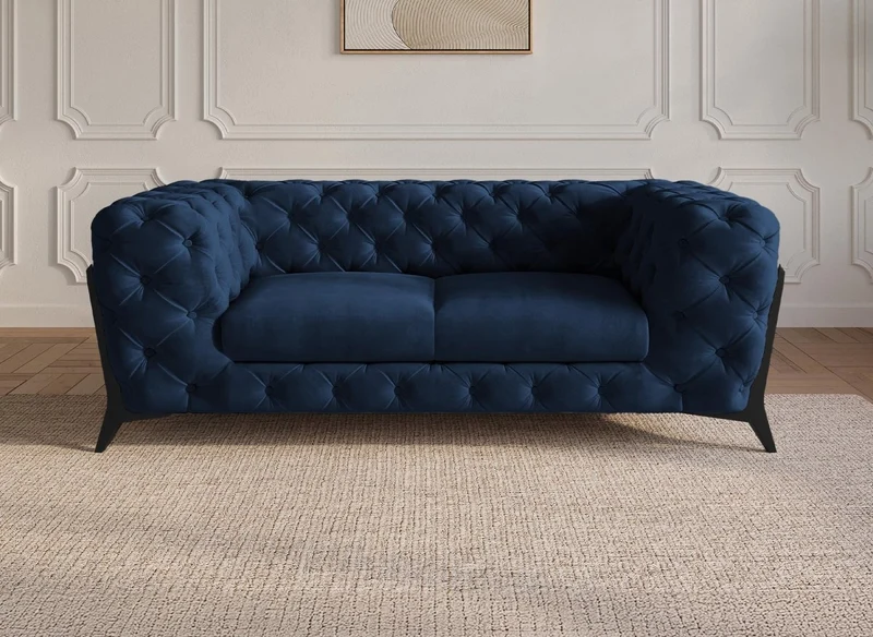 Canapé fixe 2 places capitonné chesterfield velours bleu CARMEN