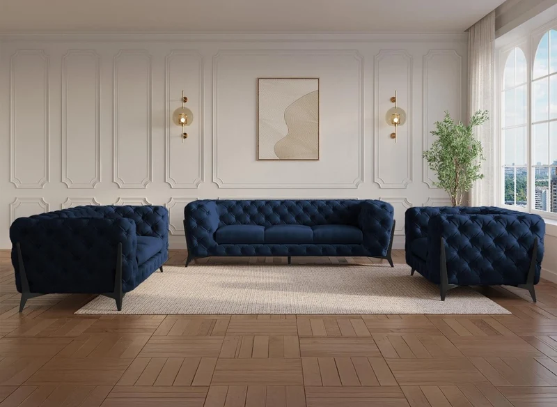 Canapé fixe 2 places capitonné chesterfield velours bleu CARMEN