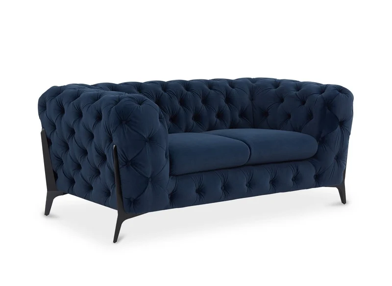 Canapé fixe 2 places capitonné chesterfield velours bleu CARMEN