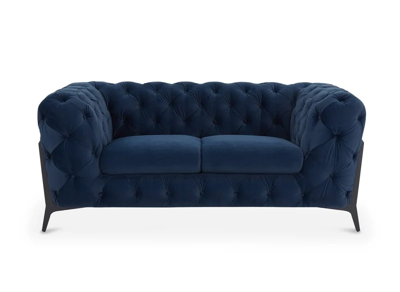 Canapé fixe 2 places capitonné chesterfield velours bleu CARMEN