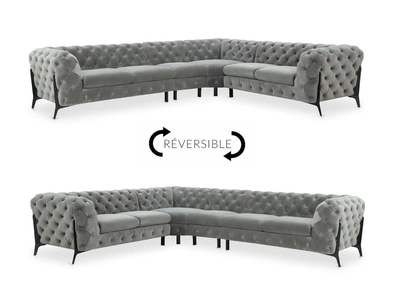Canapé capitonné chesterfield d'angle réversible en velours gris CARMEN