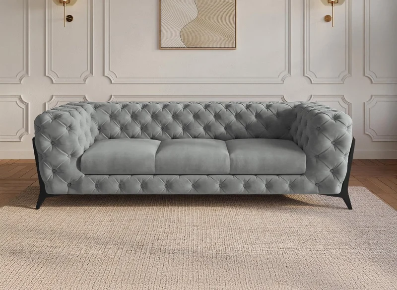 Canapé fixe 3 places capitonné chesterfield velours gris CARMEN