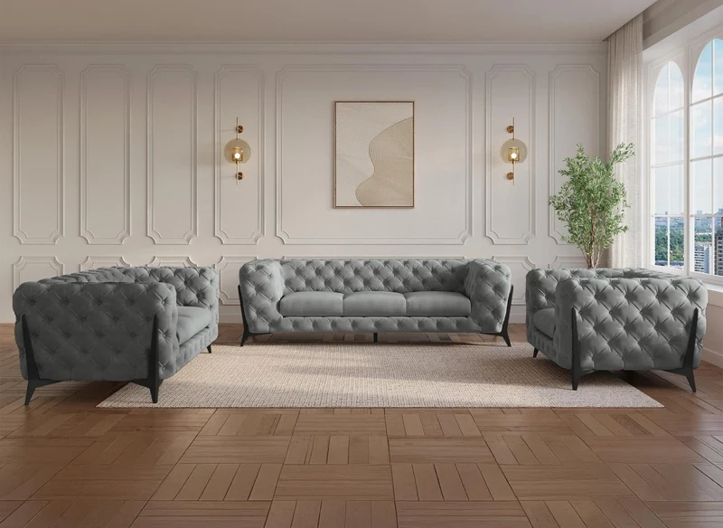 Canapé fixe 3 places capitonné chesterfield velours gris CARMEN