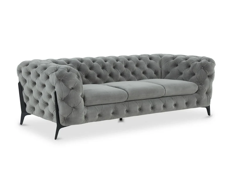 Canapé fixe 3 places capitonné chesterfield velours gris CARMEN