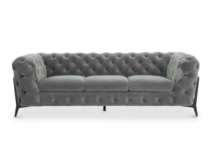 Canapé fixe 3 places capitonné chesterfield velours gris CARMEN